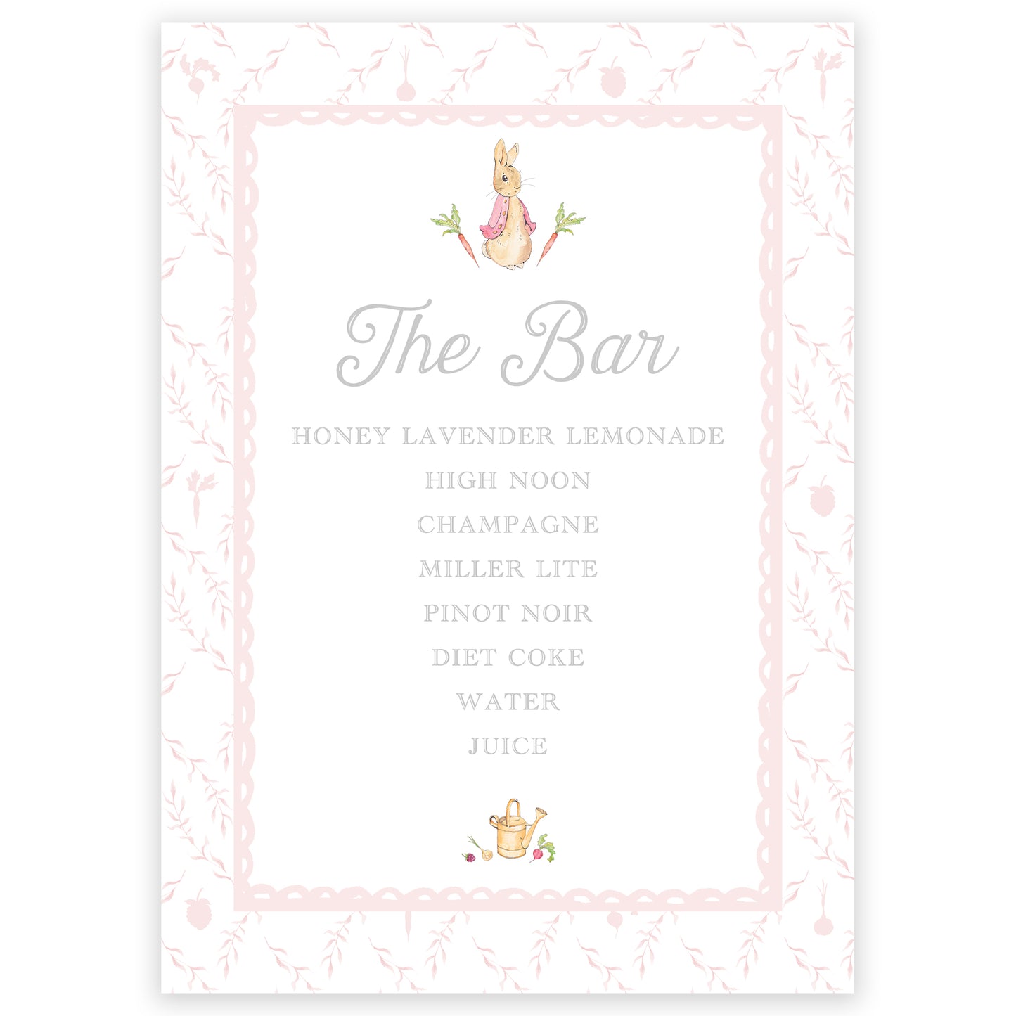 peter rabbit pink trellis bar sign