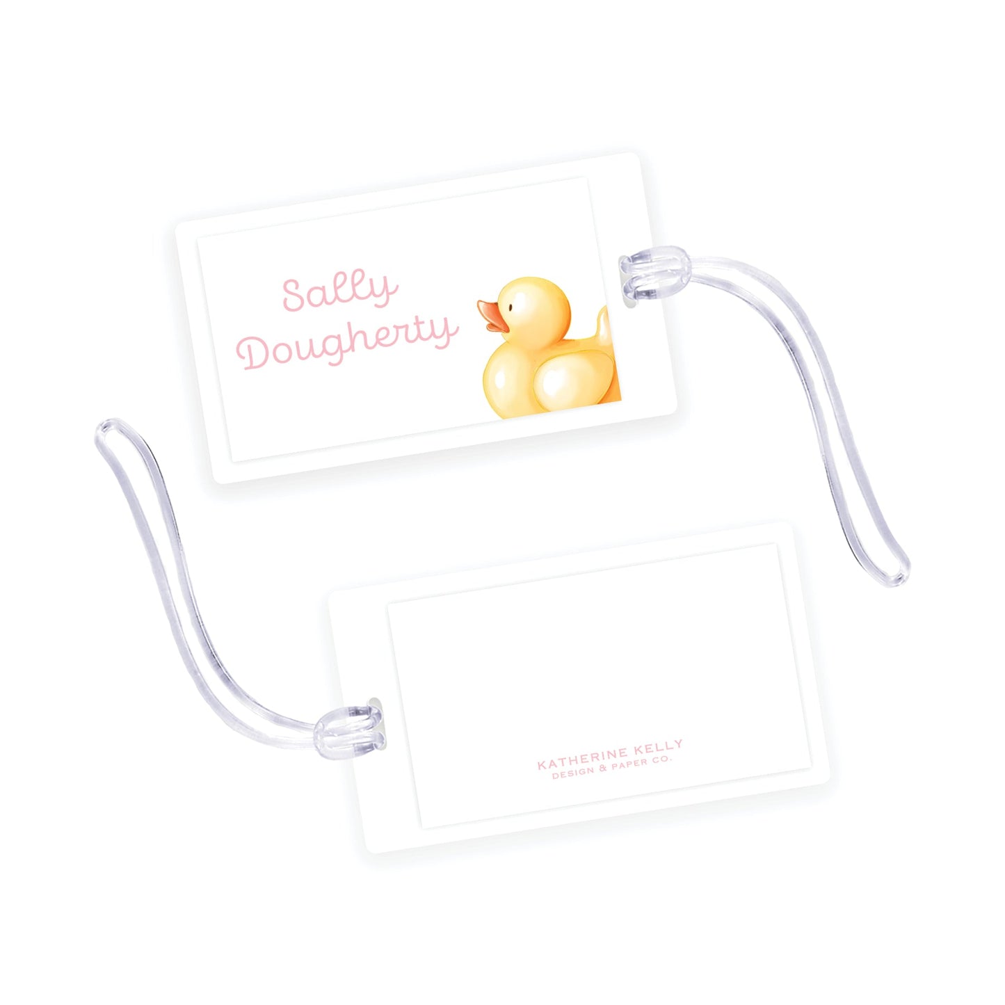 pink rubber ducky laminated bag tag