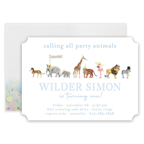 blue party animal birthday invitation