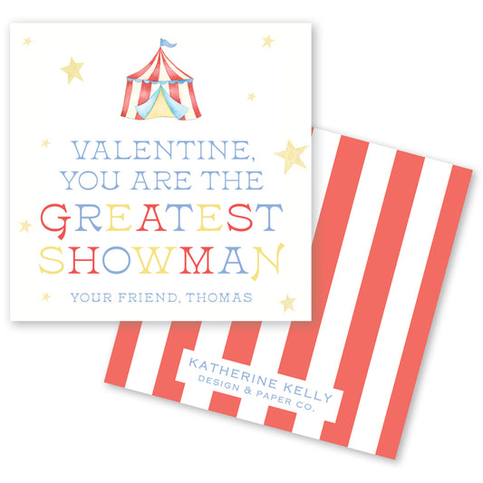 The image is a Valentine's Day card featuring a circus tent and stars, with the text "Valentine, you are the greatest showman" and "Your friend, Thomas" printed on it.