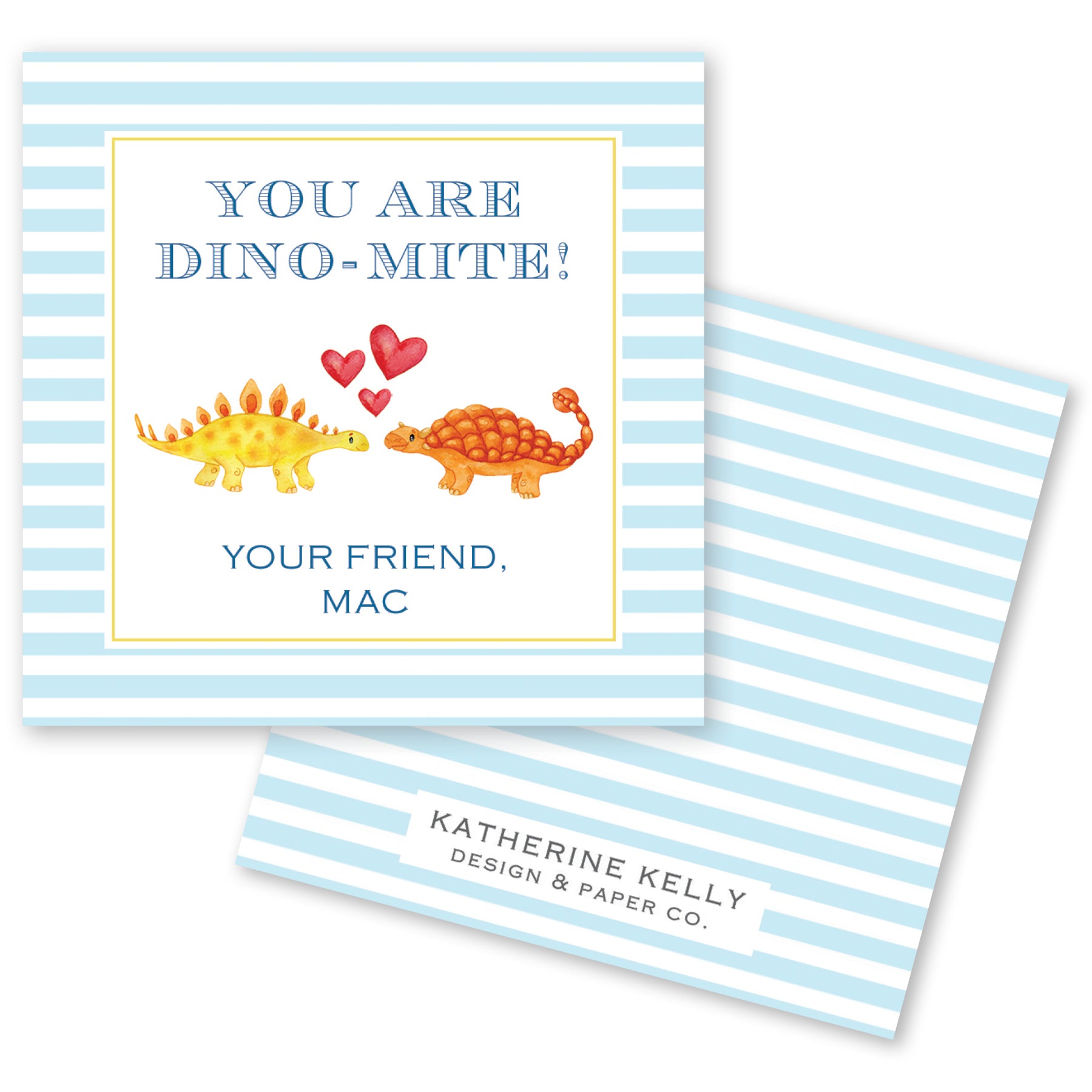 The image is a greeting card featuring two dinosaurs, one yellow and one orange, with hearts and the text "You are DINO-MITE!"
