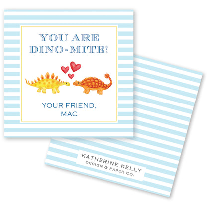 The image is a greeting card featuring two dinosaurs, one yellow and one orange, with hearts and the text "You are DINO-MITE!"