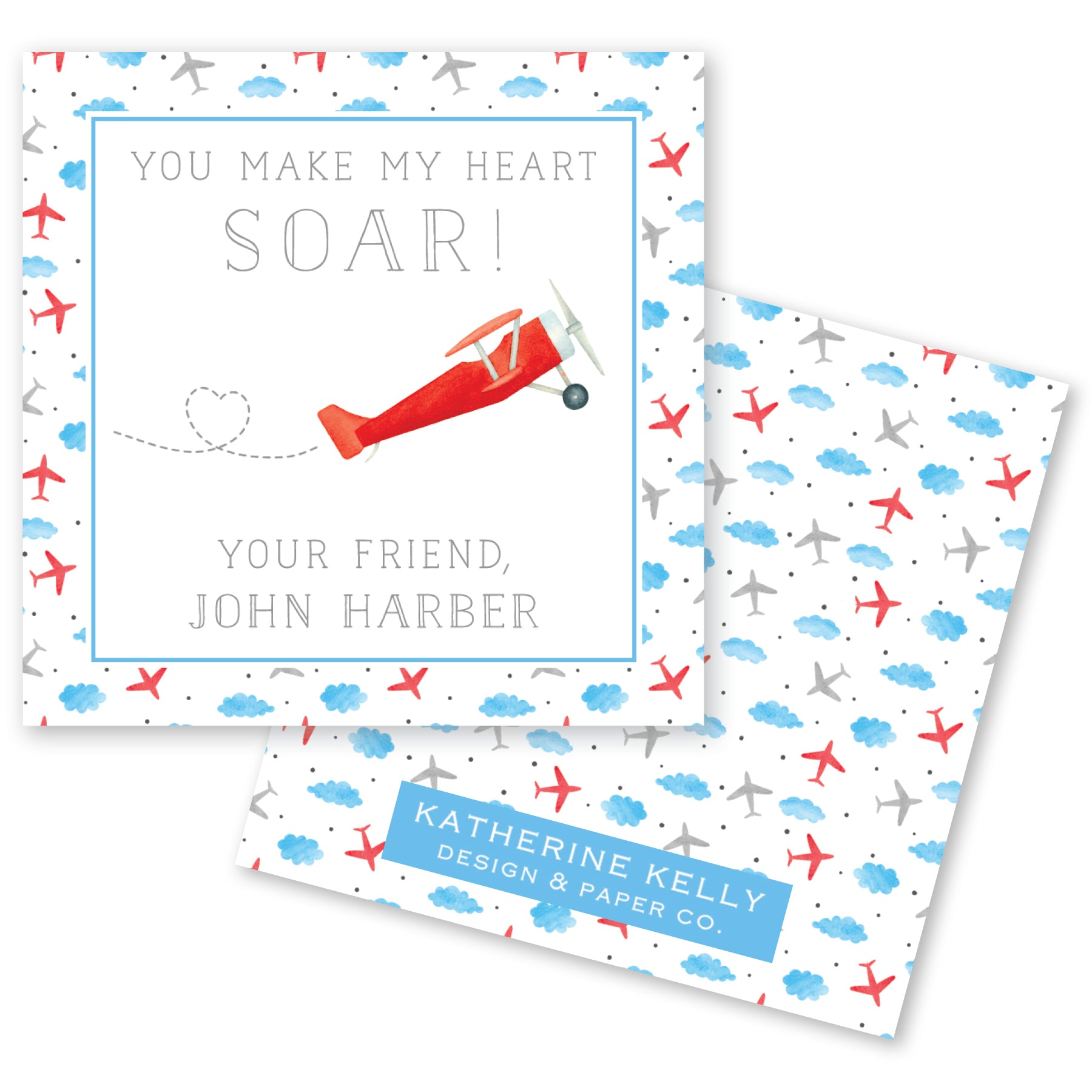The image is a greeting card featuring a red airplane and a heart shape, with the text "You make my heart soar!" and "Your friend, John Harbor".