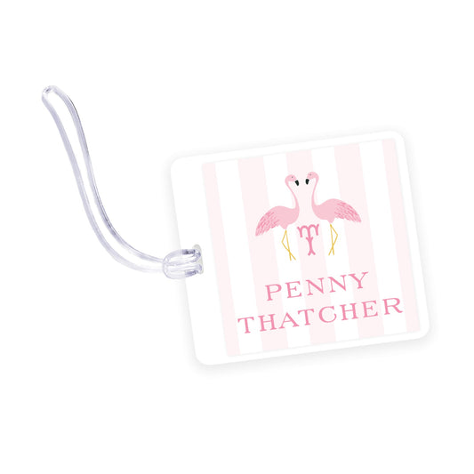 flamingo square laminated bag tag