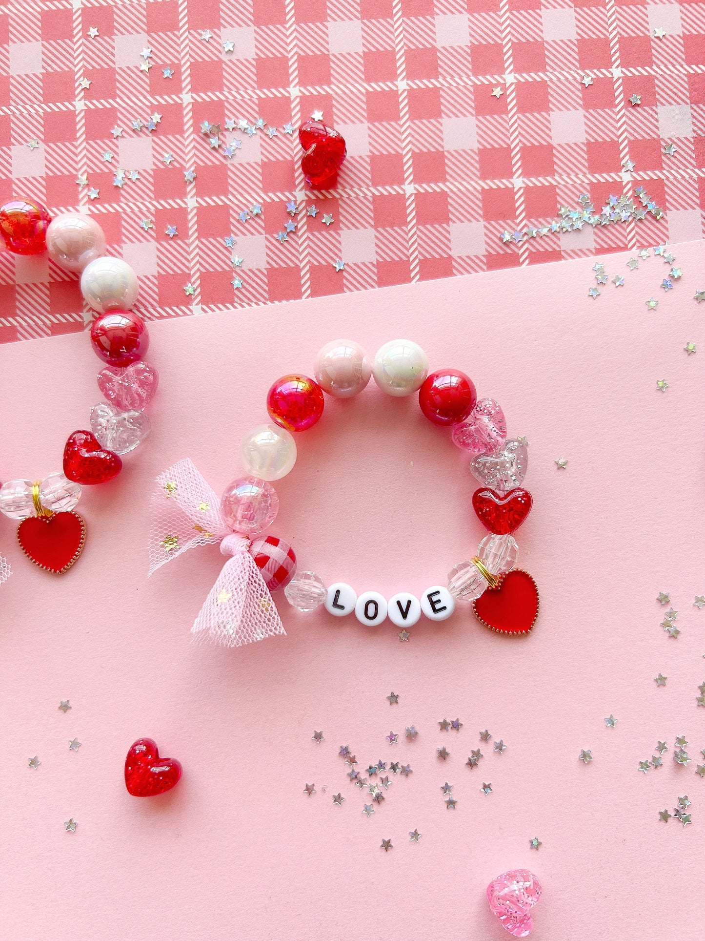 Valentine Hearts Red and Pink Kids Beaded Charm Bracelet