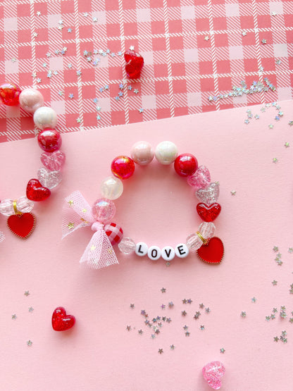 Valentine Hearts Red and Pink Kids Beaded Charm Bracelet