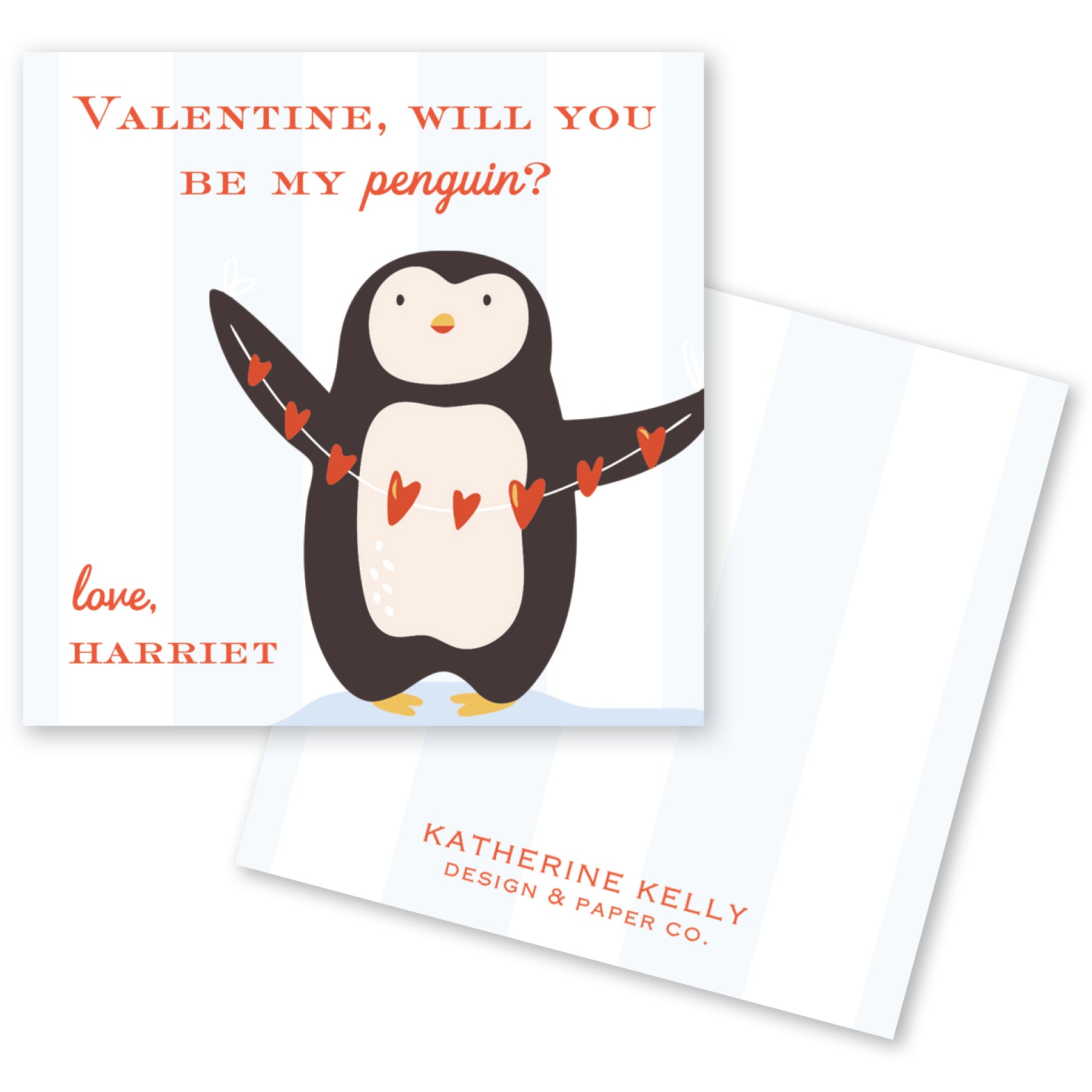 The image is a Valentine's Day card featuring a cute penguin holding a heart-shaped sign that says "Will you be my penguin?".