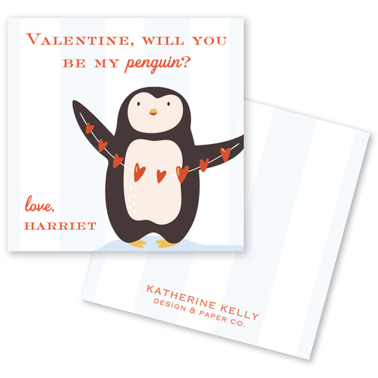 The image is a Valentine's Day card featuring a cute penguin holding a heart-shaped sign that says "Will you be my penguin?".