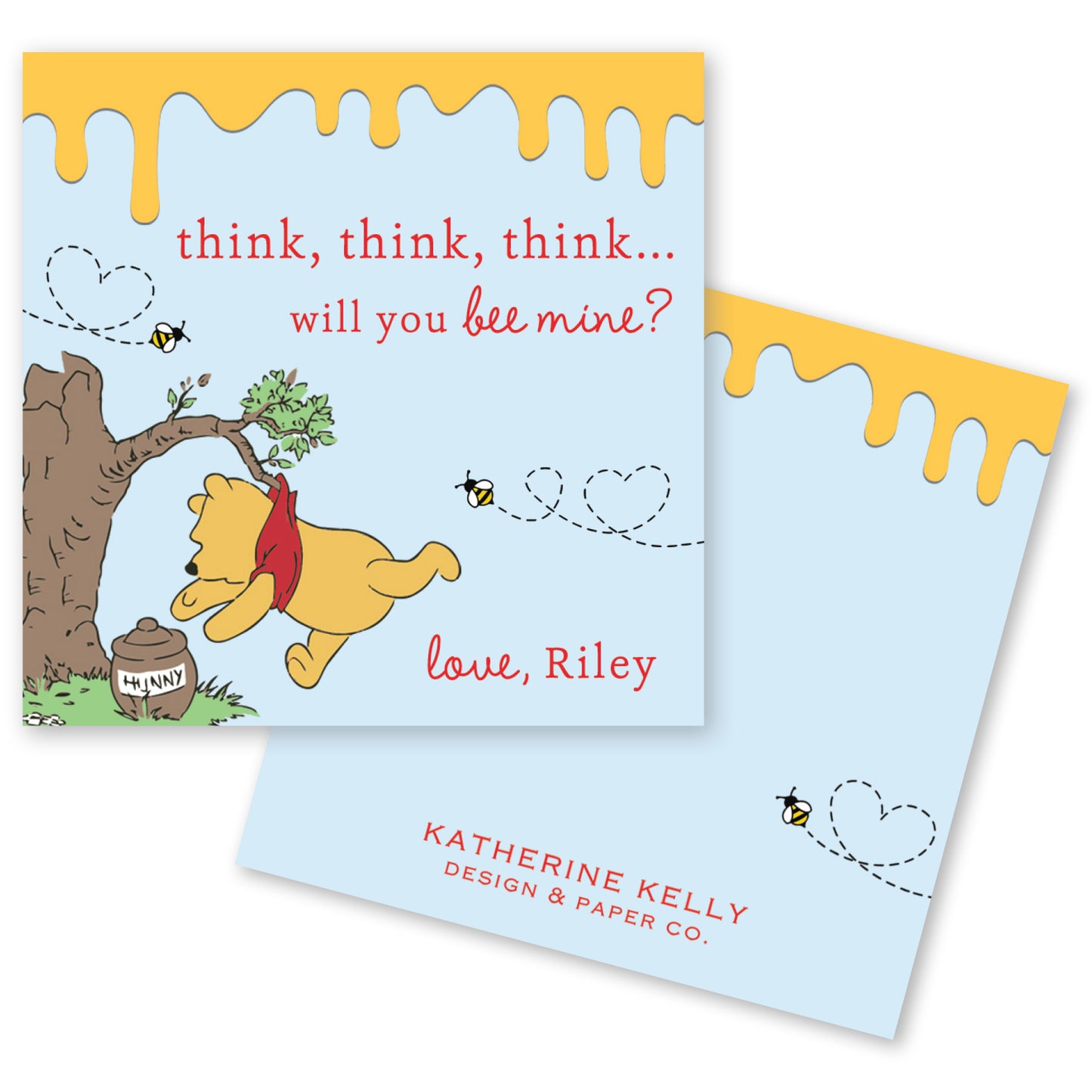 The image is a Winnie the Pooh-themed greeting card featuring the character Winnie the Pooh and honey. The card has a blue background with honey dripping down the sides, and the text "think, think, think... will you be mine?" written on it.