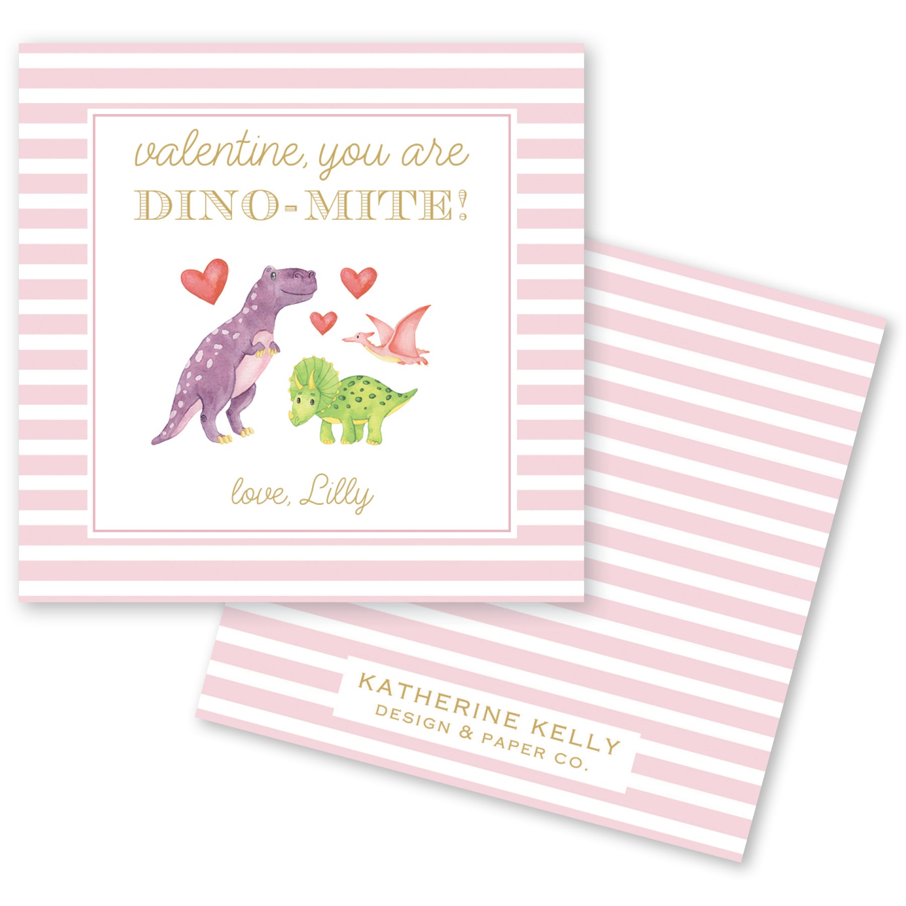 The image is a Valentine's Day card featuring a dinosaur and two hearts. The card has a pink and white striped background and is designed by Katherine Kelly from Design & Paper Co.