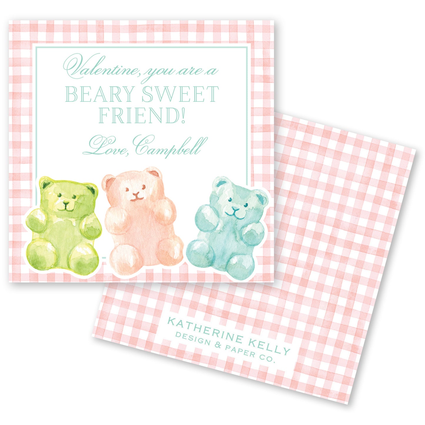The image is a Valentine's Day card featuring three teddy bears in different colors - green, pink, and blue - sitting together on a pink and white checkered background.