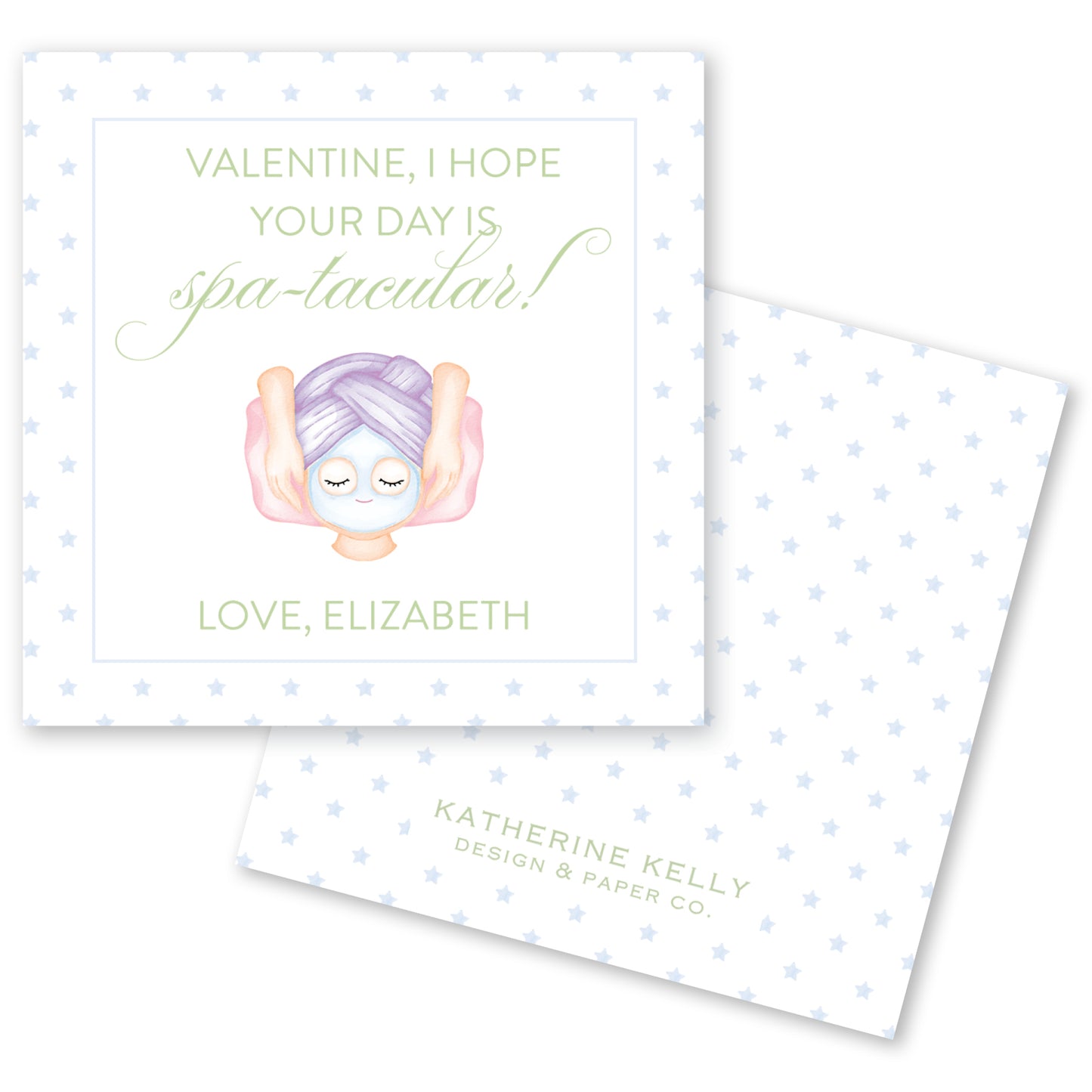 a Valentine's Day card with a purple-haired person wearing a face mask, surrounded by stars. The card has a message that reads "Valentine, I hope your day is spa-tacular!" and includes the names "Love, Elizabeth" and " Katherine Kelly Design & Paper Co."