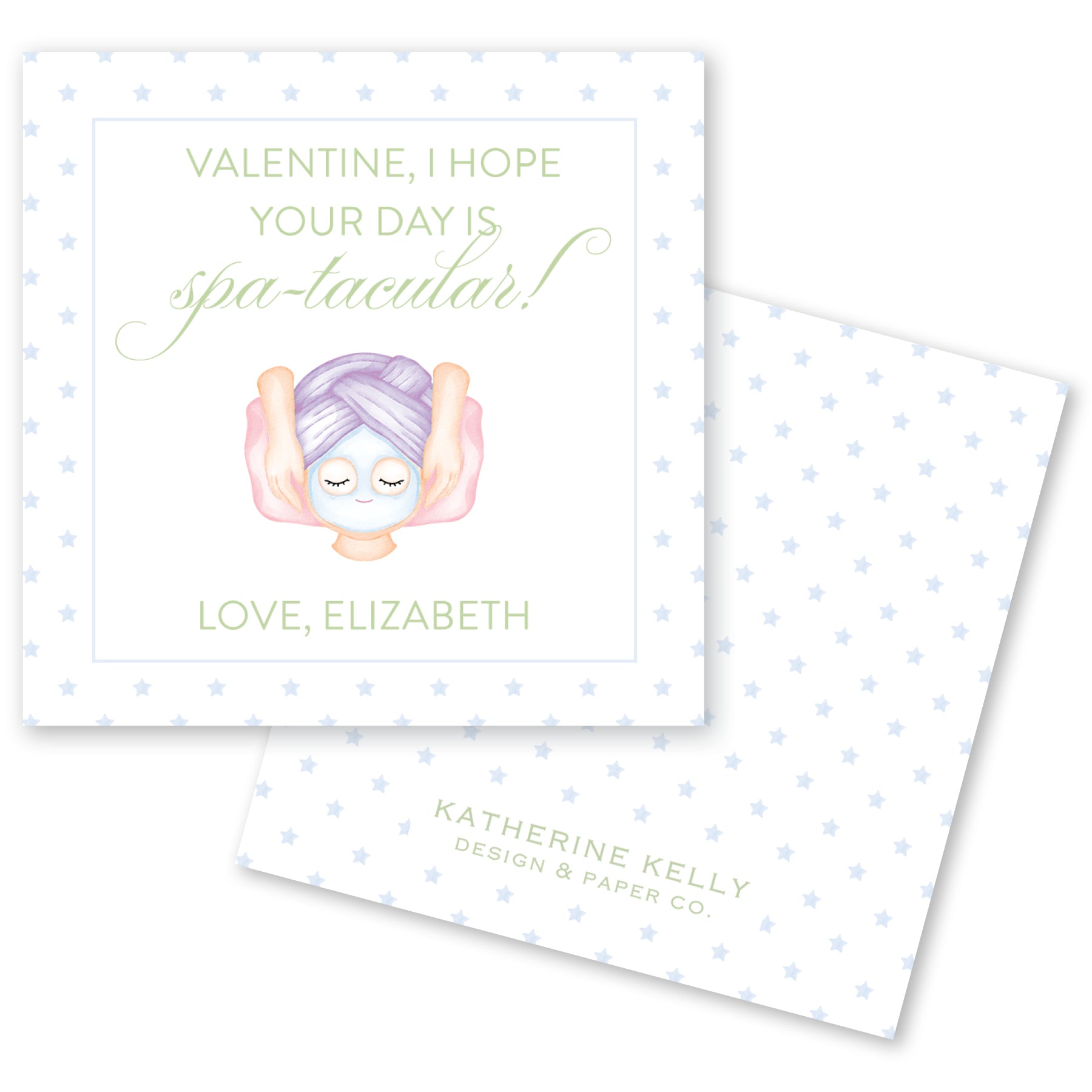 a Valentine's Day card with a purple-haired person wearing a face mask, surrounded by stars. The card has a message that reads "Valentine, I hope your day is spa-tacular!" and includes the names "Love, Elizabeth" and " Katherine Kelly Design & Paper Co."