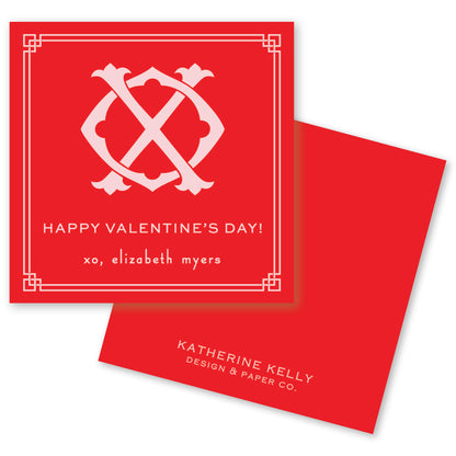 The image is a red square card with a white border, featuring a white monogram design and text.