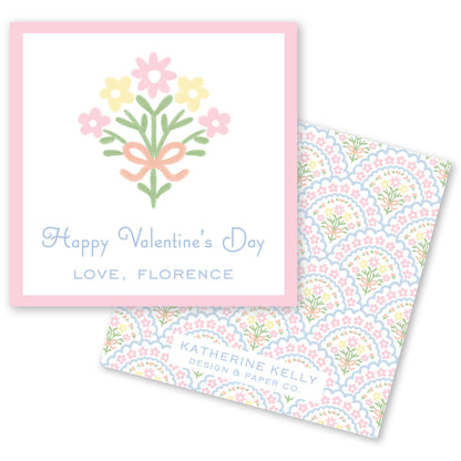 a pink square with a floral design and text, and a square with a repeating pattern of pink and white flowers.
