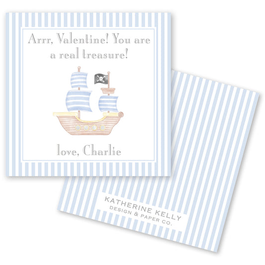The image is a Valentine's Day card featuring a pirate ship illustration. The card has a blue and white striped background and a message that reads "Arr, Valentine! You are a real treasure!" The card also includes a personalized message that says "Love, Charlie".