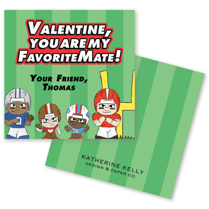 The image is a Valentine's Day card featuring cartoon football players in their uniforms, with the text "Valentine, You Are My Favorite Mate!" and "Your Friend, Thomas" written on it.