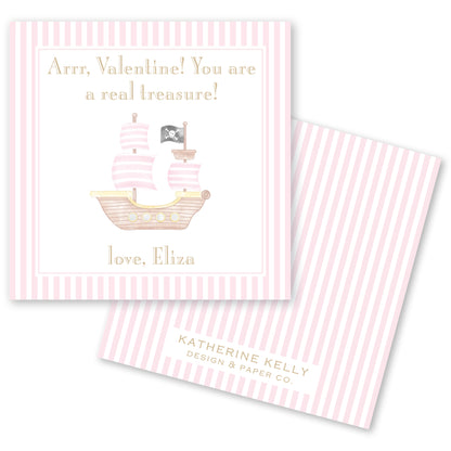 The image is a pink and white striped card with a pirate ship illustration. The card has a message that reads "Arr, Valentine! You are a real treasure!" and includes the name "Eliza" at the bottom.
