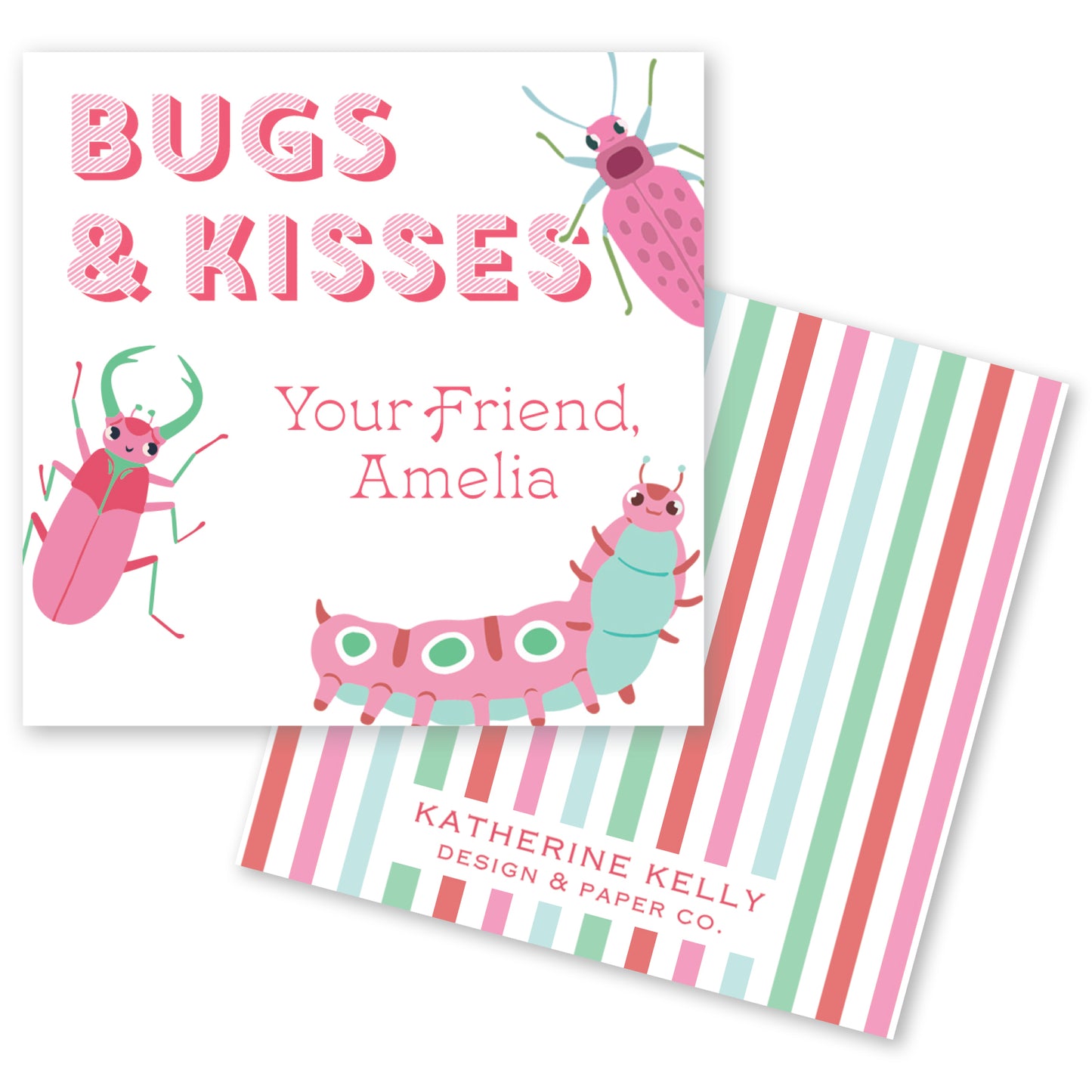 The image is a colorful book cover featuring illustrations of insects and a caterpillar, along with the title "BUGS & KISSES" and the author's name "Amelia".