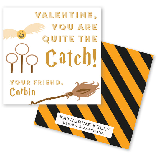 The image is a Valentine's Day card featuring a black and orange striped background, a flying broomstick, and a flying gold snitch. The text on the card reads "Valentine, you are quite the catch! Your friend, Corbin" and includes the logo for "Katherine Kelly Design & Paper Co."