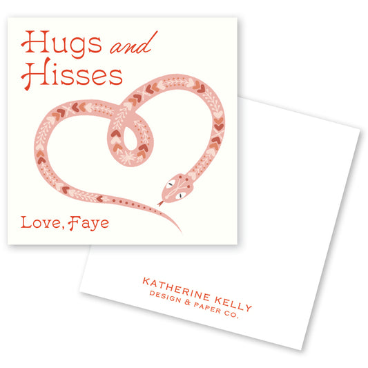 The image is a Valentine's Day card featuring a heart-shaped snake and the text "Hugs and Hisses" and "Love, Faye".