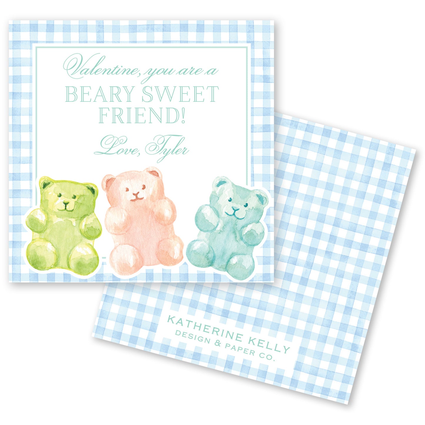 The image is a Valentine's Day card featuring three teddy bears in different colors - green, pink, and blue. The card has a blue and white checkered background and a message that reads "Valentine, you are a BEARY SWEET FRIEND! Love, Tyler".