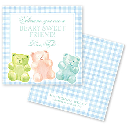 The image is a Valentine's Day card featuring three teddy bears in different colors - green, pink, and blue. The card has a blue and white checkered background and a message that reads "Valentine, you are a BEARY SWEET FRIEND! Love, Tyler".