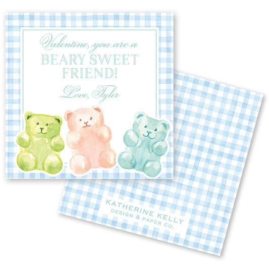 The image is a Valentine's Day card featuring three teddy bears in different colors - green, pink, and blue. The card has a blue and white checkered background and a message that reads "Valentine, you are a BEARY SWEET FRIEND! Love, Tyler".