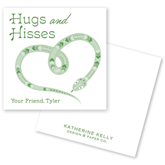 The image is a greeting card featuring a green snake coiled around a heart shape, with the text "Hugs and Hisses" and "Your Friend, Tyler" printed on it.