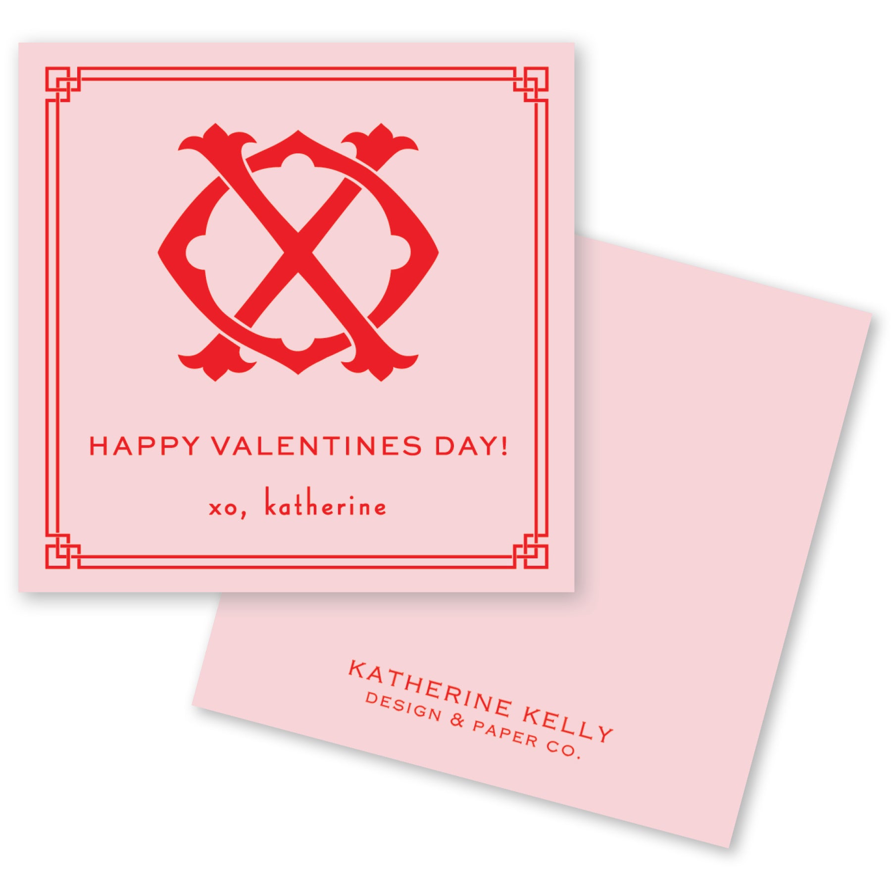 The image is a pink card with a red and white design featuring a stylized 'X' symbol. The card has a message that reads "Happy Valentine's Day! xo, katherine" and is attributed to "KATHERINE KELLY DESIGN & PAPER CO."
