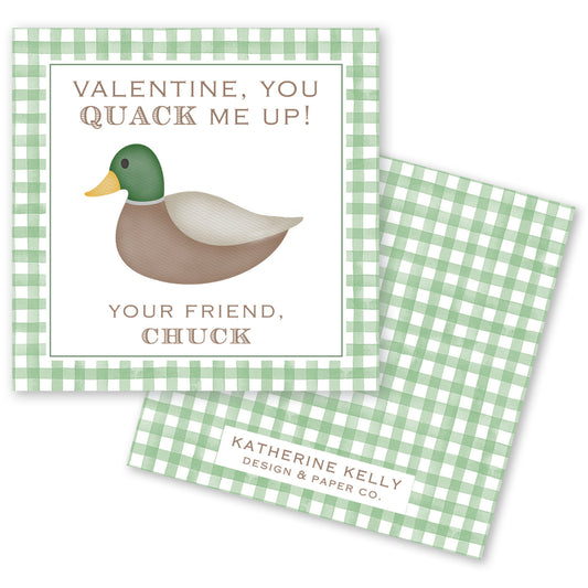 The image is a Valentine's Day card featuring a duck with a green head and brown body, along with a playful message.