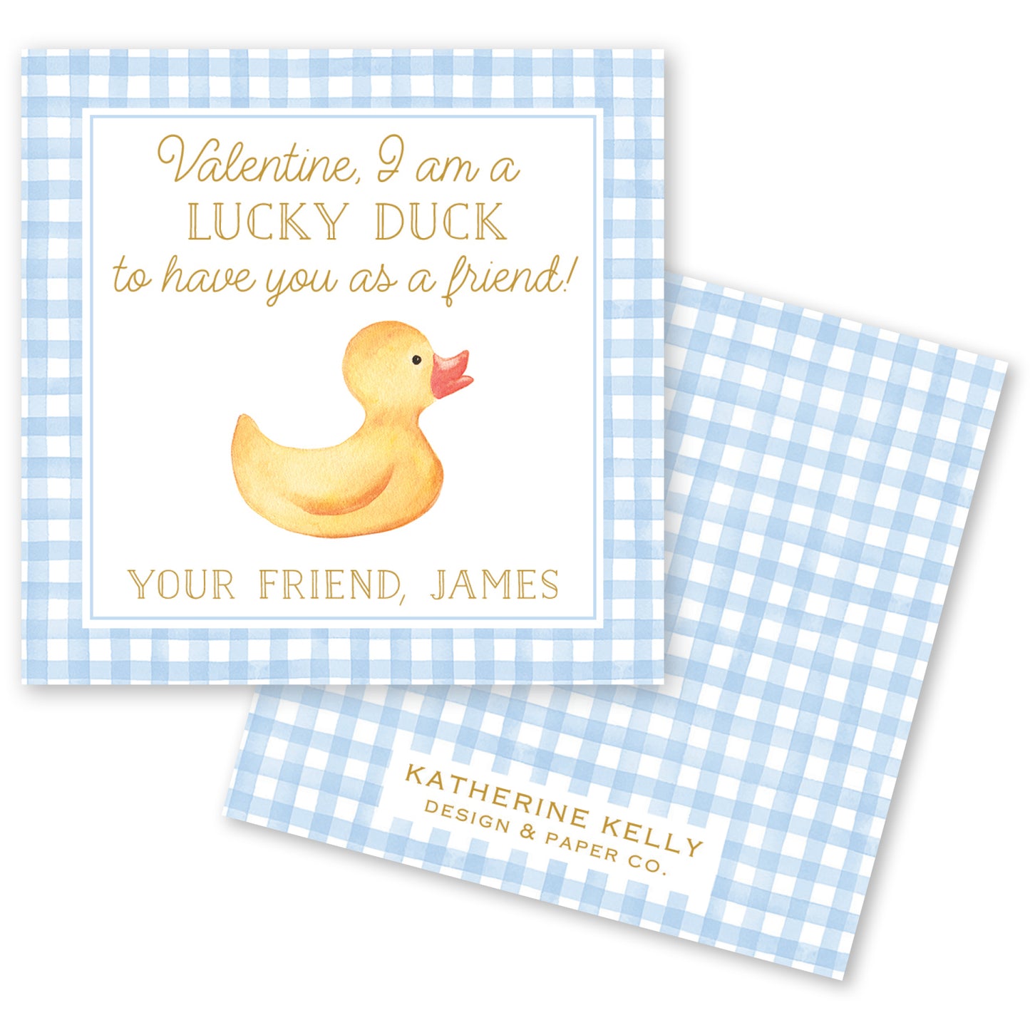 The image is a Valentine's Day card featuring a duck illustration and a message about being a "lucky duck" to have as a friend.