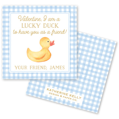 The image is a Valentine's Day card featuring a duck illustration and a message about being a "lucky duck" to have as a friend.