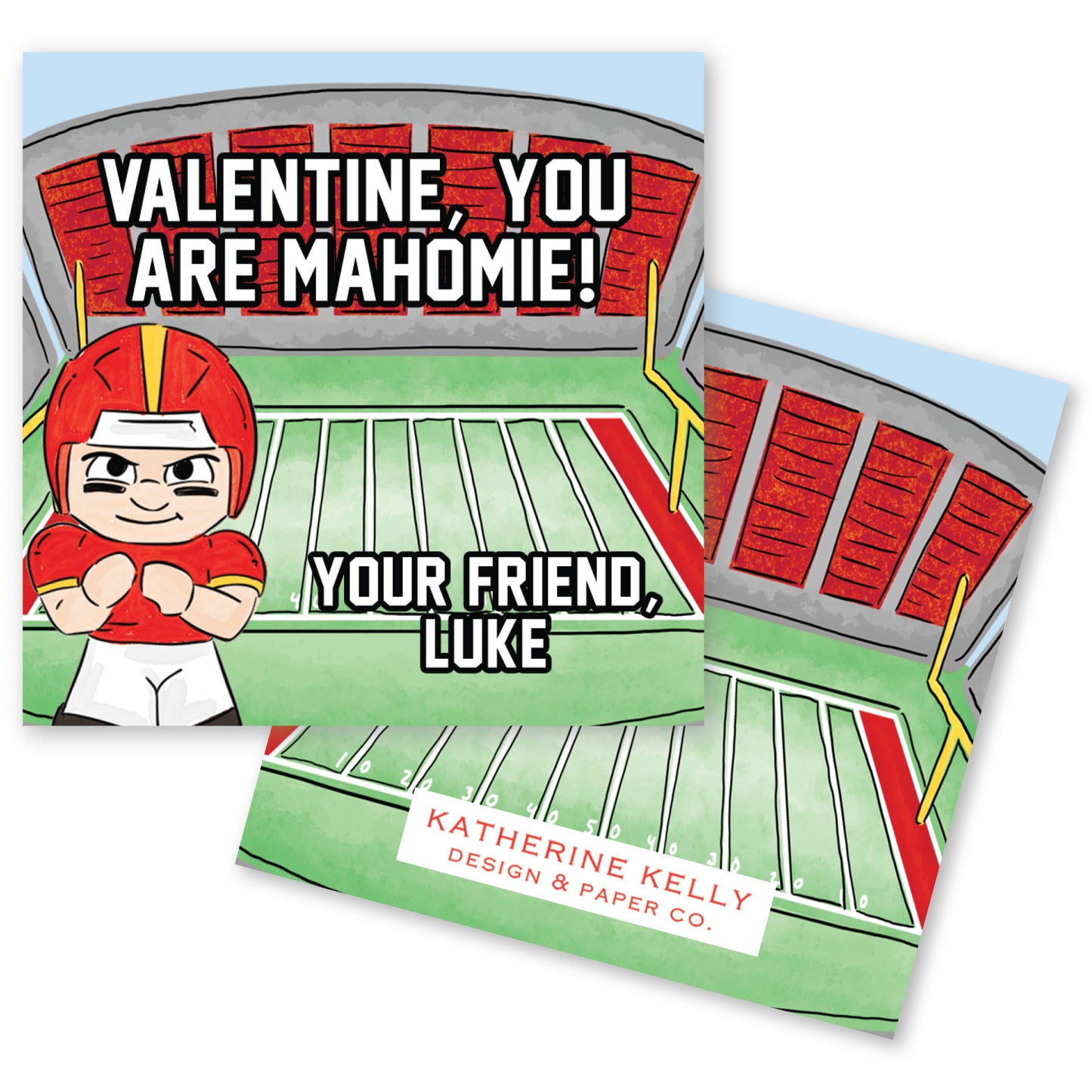 The image is a Valentine's Day card featuring a cartoon football player and text that reads "Valentine, you are Mahomie! Your Friend, Luke".