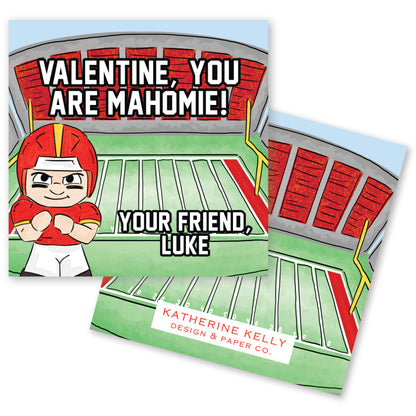 The image is a Valentine's Day card featuring a cartoon football player and text that reads "Valentine, you are Mahomie! Your Friend, Luke".