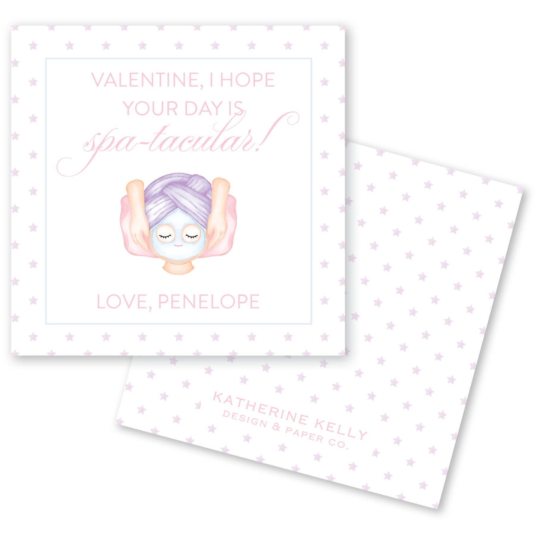 a Valentine's Day card with a playful and whimsical design. The card features a purple-haired character with eyes closed, surrounded by stars, and a message that reads "Valentine, I hope your day is spa-tacular!" The card also includes the names "Love, Penelope" and "Katherine Kelly" along with the logo "KATHERINE & PAPER CO."