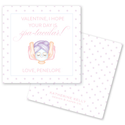 a Valentine's Day card with a playful and whimsical design. The card features a purple-haired character with eyes closed, surrounded by stars, and a message that reads "Valentine, I hope your day is spa-tacular!" The card also includes the names "Love, Penelope" and "Katherine Kelly" along with the logo "KATHERINE & PAPER CO."