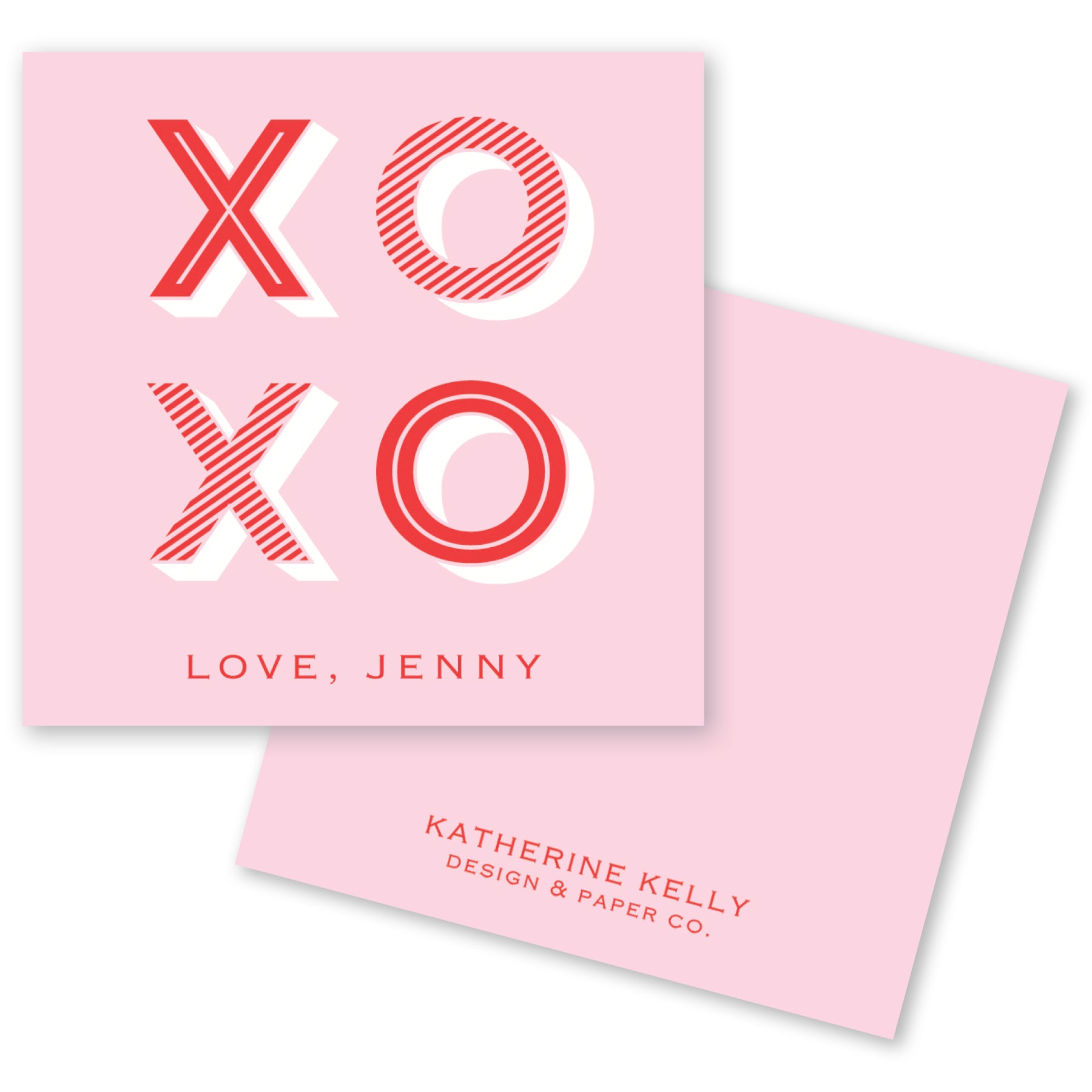 a pink square with the text "XOXO" in large red letters, along with the names "Love, Jenny" and "Katherine Kelly" written below.