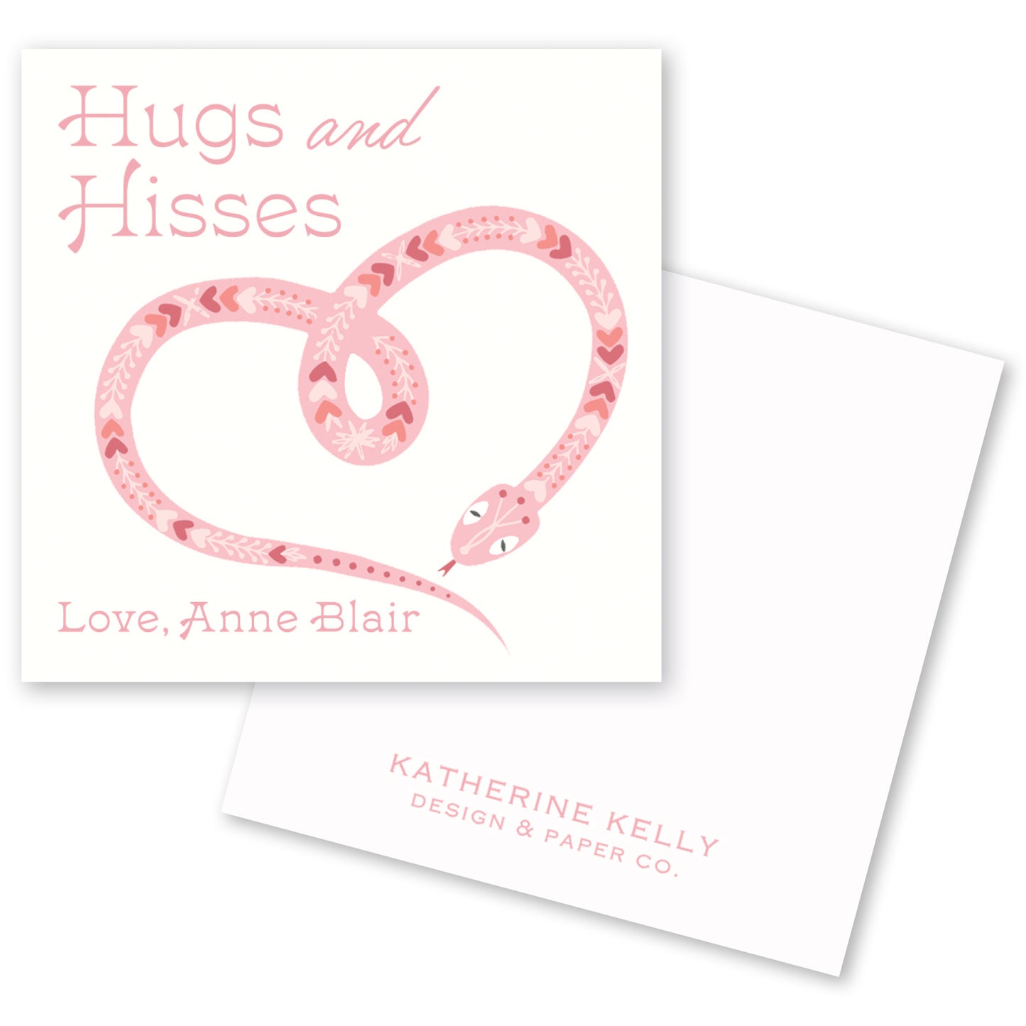 The image is a square-shaped card with a pink snake design and the text "Hugs and Hisses" written on it.