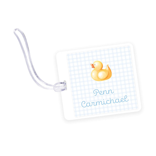 blue rubber ducky square laminated bag tag