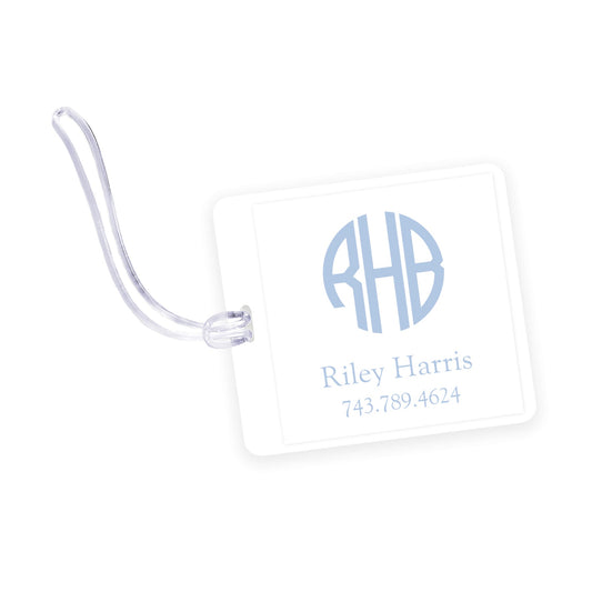 blue monogram square laminated bag tag