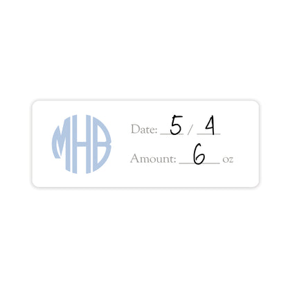 blue monogram breast milk bag labels