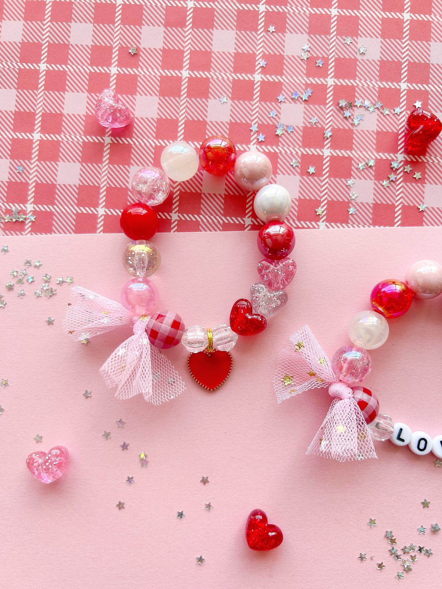 Valentine Hearts Red and Pink Kids Beaded Charm Bracelet