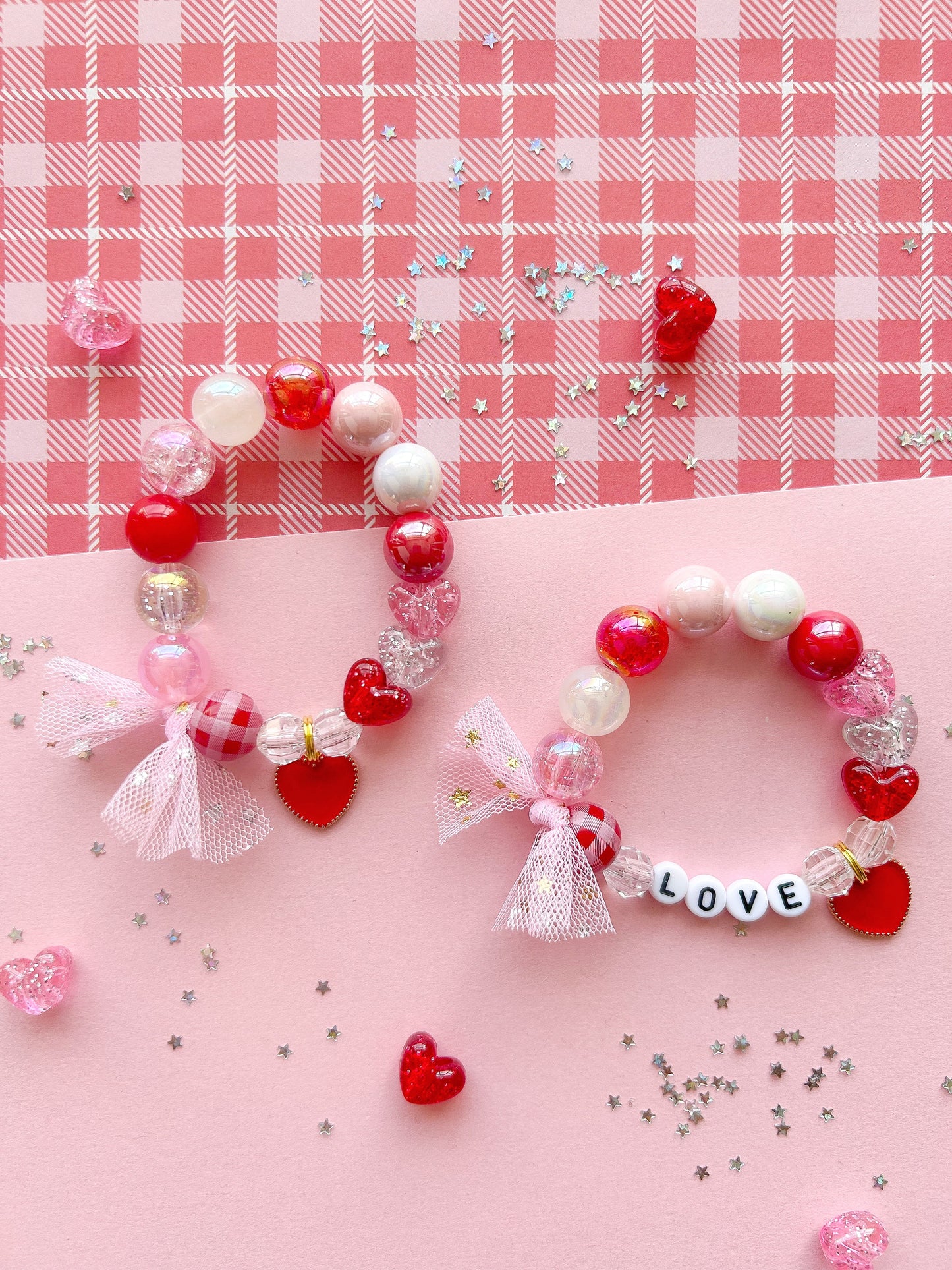 Valentine Hearts Red and Pink Kids Beaded Charm Bracelet