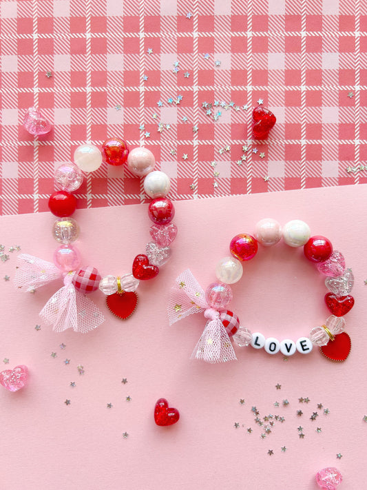 Valentine Hearts Red and Pink Kids Beaded Charm Bracelet