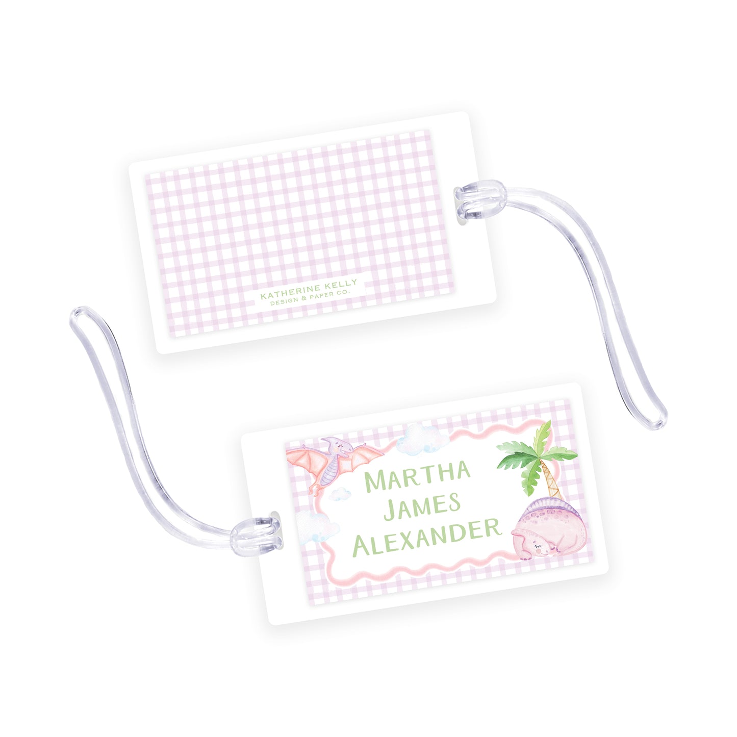 purple dino laminated bag tag