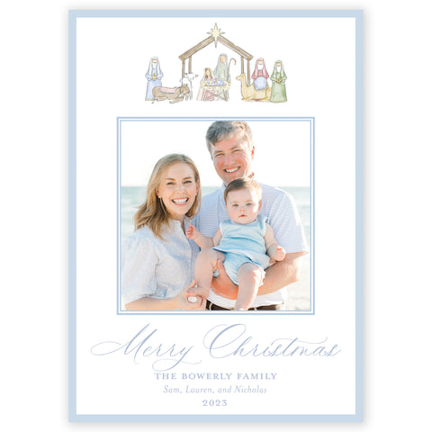 blue nativity holiday card