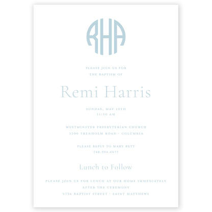 pale blue round monogram invitation