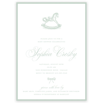 sage rocking horse baby shower invitation