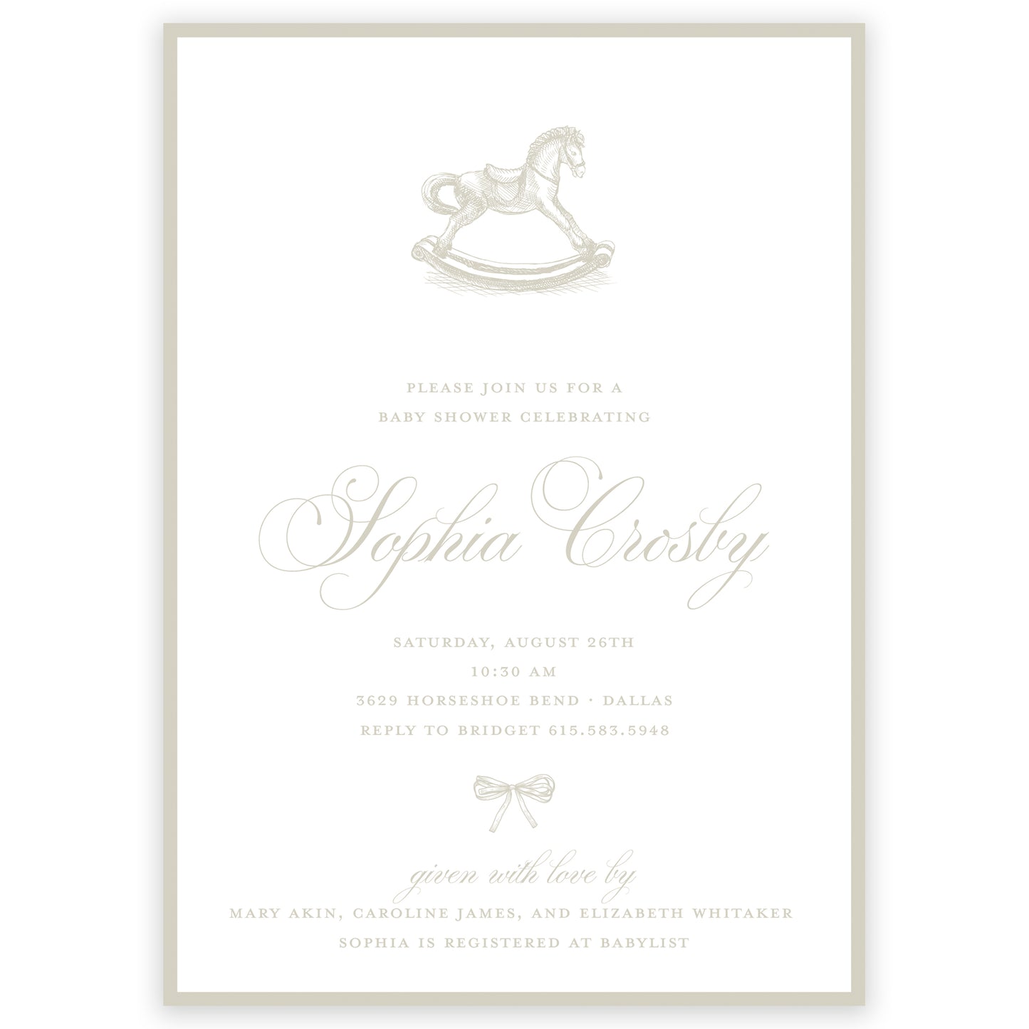 taupe rocking horse baby shower invitation